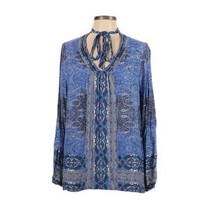 Lucky Brand Blue Boho Brocade Tie Neck Long Sleeve Lightweight Blouse Size L